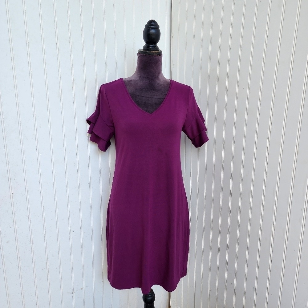 WHBM Tiered Short Sleeve Plum Purple Knit Dress White House Black Market Rayon S